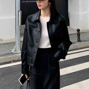 Jaqueta de couro preta cortada feminino coreano High Street Leather Blazers Mulheres Vintage Streetwear Motor Bike Jacket Autumn 2021 Novo L220728