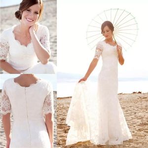 Vestidos de casamento de renda completa modestos com mangas curtas para praia jardim noivas elegantes barato bainha vestidos de noiva