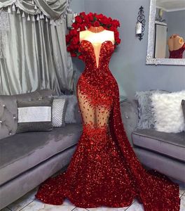 Sparkly Red paljetter Afrikanska aftonklänningar Crystal Illusion Pärlade balklänningar Aso Ebi -stil Handgjorda Robes de Bal