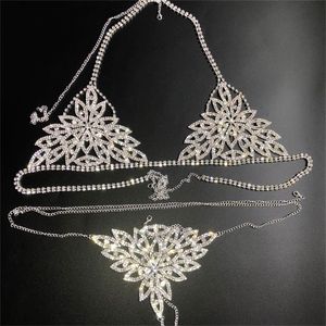 New Sexy Chain Bra Body Jewelry Crystal Bikini Set Beach Lingerie Outfit Harness Bling Thong for Women Holiday T200508