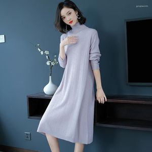 Casual Dresses Women Wool Long Dress 2022 Autumn Winter Turtleneck Sleeve Knitted Loose Warm Cashmere