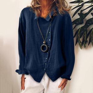 Women's T Shirts 2022 Spring Summer Womens Top Vintage Long Sleeve Button Linen Tops Shirt Ladies Casual Loose Plain Blue Tee