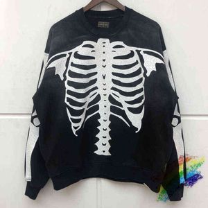 Top Quality Crazing Printing Skeleton Bone Printing Kapital Sweatshirts Men Women Black Brown Hoodie Crewneck T220802