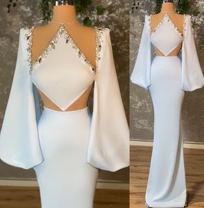 2022 Plus Size Arabic Aso Ebi White Mermaid Stylish Prom Dresses Pärled Crystals Evening Formal Party Second Reception Birthday Engagement Gowns Dress ZJ365