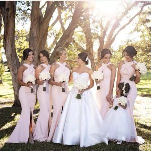 2022 Pink Bridesmaid Dresses Mermaid Halter Neckline Floor Length Front Slit Plus Size Custom Made Maid Of Honor Gown Beach Wedding Wear 403 403