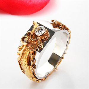 Domineering dragon color separation ring plated with K gold and diamond for men and women