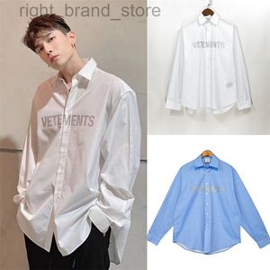 VETEMENTS Bronzing Printing Letters Blue Stripe Long Sleeve Shirt Men's And Women's Pointed Collar Oversize Loose Shirt W220813