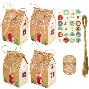 24Sets Christmas Kraft Paper Box Santa Claus Snowman Deer House Shape Candy Boxes with Advent Calender Number Sticker Gift Bag 220427