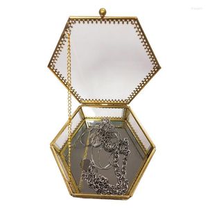 Smycken påsar väskor hexagon guld mässing glas ring prydnadslåda spegel bröllop geometrisk klar bordsskiva arrangör rita22