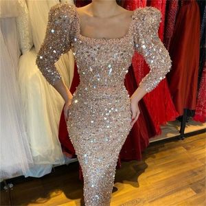 Eleganta kvällsklänningar för kvinnor 2022 Brud Sequin Prom-kappor med ärmar Beading Square Collar Cocktail Dress