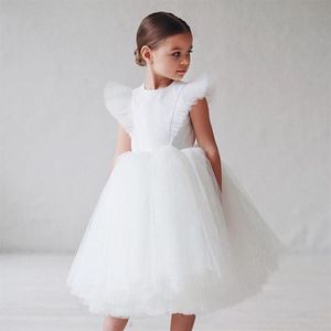 Girl's Dresses Ins Boho Child Girls White Bridesmaid Dress For Kids Flutter Sleeve Mesh Tulle Princess Flower Clothing Weddin247k
