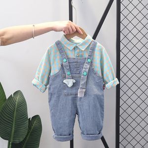 Clothing Sets Spring Fall Born Baby Boys Clothes Outfits Plaid Shirt Denim Bib Suits Cloth For 1st Birthday SetsClothing