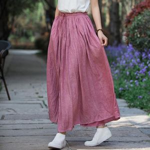 Saias Fairynatural Ladies vintage plissado cintura elástica cor sólida feminina linho de algodão casual saia solta 2022 Summerskirts