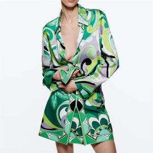 봄 여성 패션 프린트 세트 긴 슬리브 차례 고리 셔츠와 높은 허리 쇼트 스커트 미가리 jupes xx8489 220511