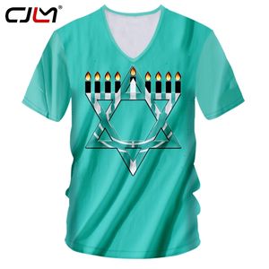 Homem preto branco costura 3d impresso vela e estrela hexagonal hanukkah roupas masculinas estilo chinês v pescoço tshirt 220623