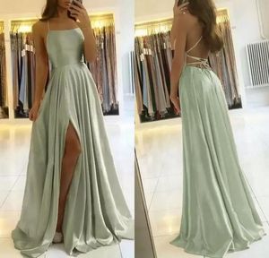 Çarpıcı Satin A Hat Slit Sage Green Prom Elbiseler 2022 yular Gract Sırt Resmi Mezuniyet Partisi Önlükleri Özel Made 0714