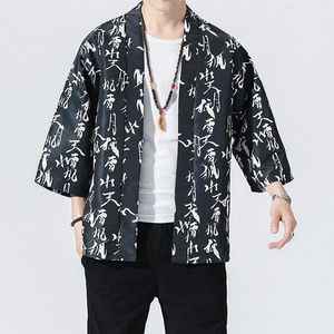 Herrjackor mode män avslappnad bekväm kimono cardigan brev tryckt japansk stil yukata lös jacka robe päls baggy toppar outwear#