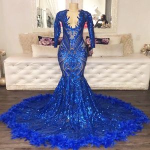 Glitzerndes königsblaues Ballkleid mit Federn, glänzenden Pailletten, V-Ausschnitt, schwarze Mädchen-Meerjungfrau-Abendkleider, lange Ärmel, formelle Partykleidung, afrikanische Frauen, Robes De Soir￩e 2022