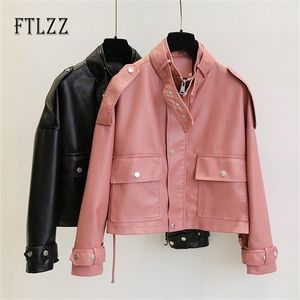 Motorcycle Biker Jacket Women Korean Street Punk Leather Coat Ladies Big Pocket Zipper Pink Female Pvc Outwear 210525