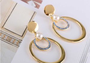 Hoop & Huggie European And American Wowen S925 High Fashion Gold Alloy Sapphire Double Circle With Pearl Earrings 2 Pairs/lotHoop