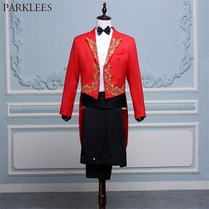 Mens Gold Embroidery 4 PCS Red Tuxedo Suit SuctedPantsbantsie Conductor Magician Piansian Prom Prom Suit Men Terno 220815