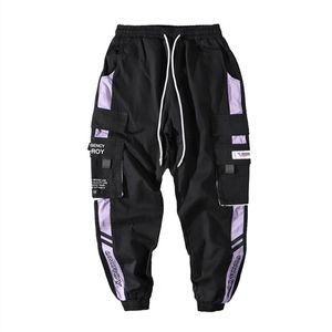 Hip Hop Wstążki Cargo Spodnie Mężczyźni Joggers Mens Streetwear Wojskowy Moda Męska Elastyczna Talia Pant Bawełniana Czarny 220330