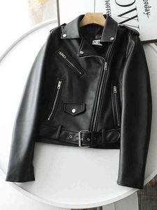 Ailegogo new Spring Women Women Streetwear Biker Leather Jacket Slim Fit Опенье воротника с ремнем Black Pu Faux Leather L220728