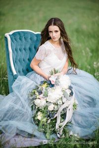 Синее Богемное Свадебное Платье оптовых-2022 Fairy Beach Boho кружева свадебные платья высокая шея
