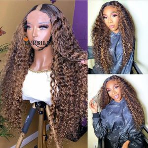 Highlight Dark Chocolate Brown Bouncy Curly V Part Wigs Unprocesse 100% Human Hair Glueless Ombre Blonde Water Wave Full U Shape