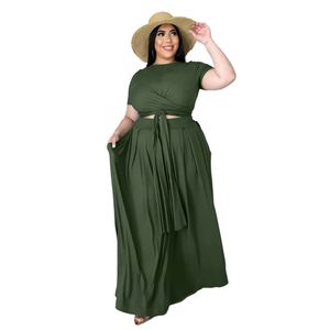 Women Sexy Casual Dresses Plus Size 2 Piece Dress Outfits Short Sleeve Tie Up Wrap Empire Crop Top Bodycon Skirts Set