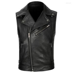 Herrvästar 2022 svarta män Slim Fit Biker's Leather Vest Plus Size XXXXL äkta Cowhide Autumn Short Motorcykel Stra22