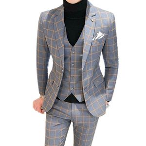 Kostymer för män Blazers Herr Klänning Byxor Väst 3-delat set / Man Bröllop 2022 Höst Business Formell Pläd kostym Lyxig Slim Fit Coat Byxor