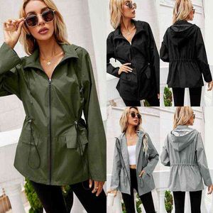 Trench Coats Feminino 2021 Outono/Inverno Moletom Com Capuz Cintura Jaqueta de Chuva com Zíper Capa de Chuva Ao Ar Livre Roupas de Montanha Roupas Femininas Designer T220811