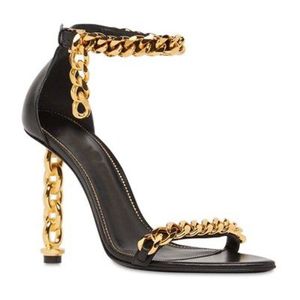 Kvinnor Heeled Sandal Top Quality Fashion Golden Chain Womens Shoes Luxury Designer Äkta läder Stiletto Heels 10,5cm Metal Heel Sandals Fabrikskor med låda