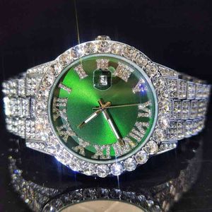 Missfox Platinum Green Dial Watch Men Men's Diamond Fashion Man Watch Roman Hiphop Quartz Relgio Maschulino