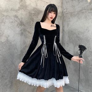 Punk Goth Harajuku Lolita Black Vintage Sexy Lace Up Long Sleeves Winter Ruffles Pleated Dress Maid Outfit Halloween Costume Casual Dresses