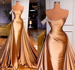 Chic One Shoulder Crystal Mermaid Evening Dress With Detachable Train Pleats Ruffles Long Prom Celebrity Gowns BC12895