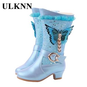 Ulknn Children's Fashion High Heel Boots Leather autumn Winter Girls Princess Boots Plus Blue Waterfof Students Casual Shoes LJ201201