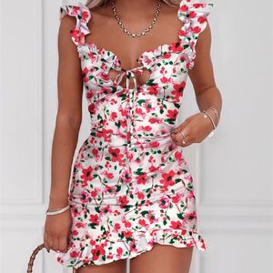 2020 sommer Floral Print Gebunden Detail Rüschen Mini Kleid Frauen Ärmellose Casual Urlaub Strand Kurze Kleider T200603