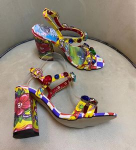 stilista da donna sandali con tacco grosso scarpe da festa vintage punta aperta con diamanti tacco alto stampa floreale scarpa celebrità sandalo gladiatore carino