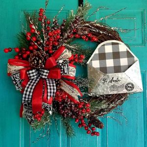 Decorative Flowers & Wreaths Christmas Wreath Front Door Artificial Welcome Garlands Fireplace Red And Black Lattice Hanging Ornaments