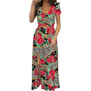 Arbetsklänningar Sexig Summer Slit Ladies Dress Pod Kort ärm V-ringning för kvinnor Trendiga sömlösa med Rose Flowers Print Suit Dresseswork