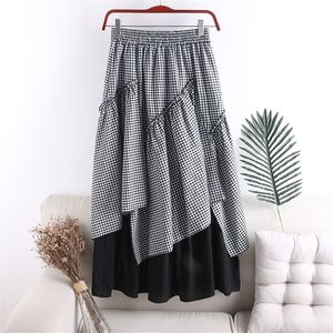 Grid irregular patchwork skirt cotton linen show thin summer skirt women fashion female plaid skirt vintage aline gray 210306