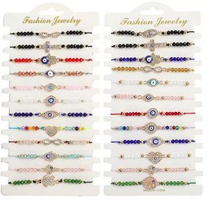 12Pcs/Set Blue Evil Eye Bracelets For Women Crystal Tree Hand Cross Heart Turtle Charm Beads Rope String Chain Adjustable Bangle Fashion Jewelry Gift