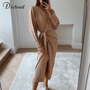 DICLOUD Lange Frauen Gestrickte Wrap Kleid Herbst Winter Oversize Elegante Tag Kleid Sexy V-ausschnitt Strickwaren Robe Damen Kleidung 201008