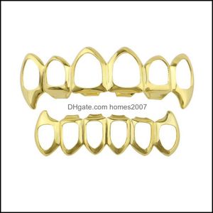 힙합 6 이빨 중공 밴드 다이아몬드 브레이스 골드 도금 드립 그릴 브링 블링 드롭 배달 2021 Grillz Dental Grills Body Jewelry QC6TO