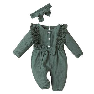 Baby Boys Girls Romper Clothes Set Newborn Infant Cotton Linen Romper Lace Bow One Piece Jumpsuit + Headband Outfits 0-18 Months AA220323