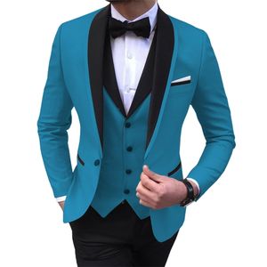 Blue Slit Mens Suits 3 Piece Black Shawl Lapel Casual Tuxedos for Wedding Groomsmen Suits Men blazervestpants 220815