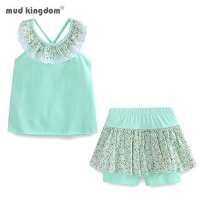 Mudkingdom Floral Summer Girls Outfits Backless Flower Cold Shoulder Tops och kjolade korta kläder Set för Girls Beach Holiday 220425