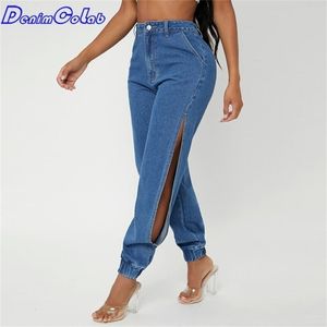 Denimcolab mode sida av benen split kvinnor jeans lösa harem byxor damer binder fötter streetwear jeans casual denim byxor 220701